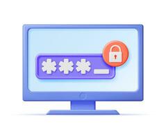 3D Computer with Shield Lock and Password on Screen. Render Monitor with Padlock. Concept of Computer Security, Data Protection and Confidentiality. Safety, Encryption and Privacy. Vector Illustration