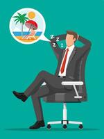 negocio hombre personaje soñando acerca de vacaciones. cansado empresario o oficina trabajador dormido en lugar de trabajo. estrés a trabajar. burocracia, papeleo, fecha límite. vector ilustración en plano estilo