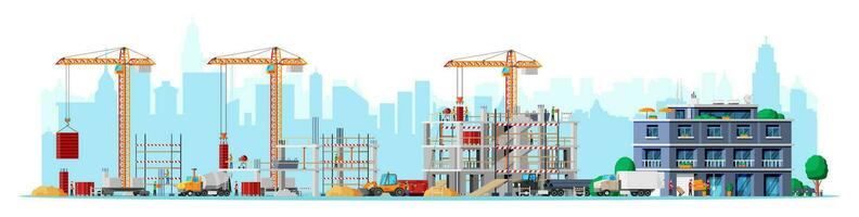 Construction Site Stages Isolated on White. Different Stages of Construction Process. Building Under House. Building Activity, Working Cranes, Workers and Machines. Cartoon Flat Vector Illustration