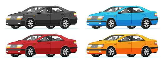 Passenger Car Side View. Sedan in Different Colors. Modern City Car Isolated. Colorful Urban Vehicles. Automobile Concept on White Background. Cartoon Flat Vector Illustration