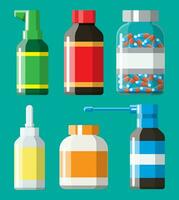 Medicine collection. Set of bottles, tablets, pills, capsules and sprays for illness and pain treatment. Medical drug, vitamin, antibiotic. Healthcare and pharmacy. Vector illustration in flat style