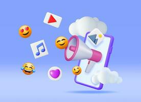 3D Social Media Concept Isolated. Render Smartphone with Colorful Social Network Icon. Chat Bubble, Like Button, Music, Smile, Streaming Video and Image. Online Communication. Vector Illustration