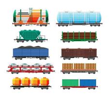 Set of train cargo wagons, cisterns, tanks and cars. Railroad freight collection. Flatcar, boxcar, car carriage. Industrial carriages, side view. Cargo rail transportation. Flat vector illustration