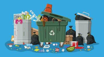 Plastic garbage bin full of trash. Overflowing garbage, food, rotten fruit, papers,containers and glass. Garbage recycling and utilization equipment. Waste management Vector illustration in flat style