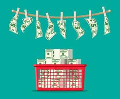 Wet dollar bills hanging on rope attached with clothes pins. Money laundering concept. Dirty money. Hidden wages, salaries black payments, tax evasion, bribe. Anti corruption. Flat vector illustration