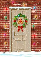 Christmas door decoration. Entrance to suburban house decorated with wreath, bells, garland lights. Holiday greetings. Snowflakes, snowdrifts. New year and xmas celebration. Flat vector illustration