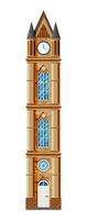 reloj torre aislado en blanco. medieval edificio de antiguo ciudad. europeo castillo torre con aguja y reloj. histórico campana torre con ventanas y puerta. dibujos animados plano vector ilustración