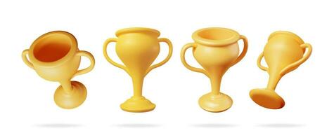 3D Set of Golden Champion Trophy. Render Gold Cup Trophy Icons Collection. Gold Trophy for Competitions. Award, Victory, Goal, Champion Achievement, Prize, Sports Award, Success. Vector Illustration