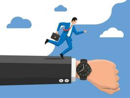 Businessman is fast running with waving necktie and briefcase on along hand with wrist watch. Time management. Business man rushing hurry to get on time. Time is money. Flat vector illustration