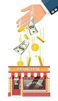 Franchise business for sale. Franchising shop building or commercial property. Real estate business promotional, sme startup crowdfunding. Selling buying new business. Flat vector illustration