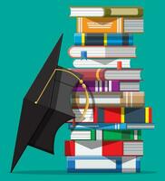 Graduation cap on stack of books. Academic and school knowledge, education and graduation. Reading, e-book, literature, encyclopedia. Vector illustration in flat style