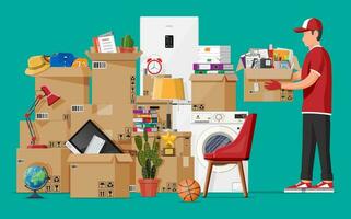 Moving to new house. Family relocated to new home. Male mover, paper cardboard boxes with goods. Package for transportation. Electronics, clothes, home appliances, furniture. Flat vector illustration