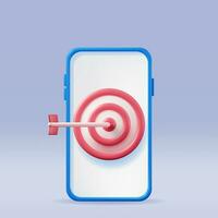 3D Target with Arrow in Center on Smartphone Screen. Render Dartboard with Arrow and Phone. Goal Setting. Smart Goal. Business or Finance Target Concept. Achievement and Success. Vector Illustration