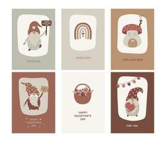 Valentine's greeting cards with gnomes, rainbow, mushroom, bouquet. vector