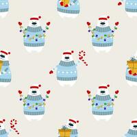 Polar bears with garland, gift, and candy cane. vector