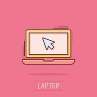 Vector cartoon laptop notebook with mouse cursor icon in comic style. Laptop screen illustration pictogram. Computer monitor business splash effect concept.