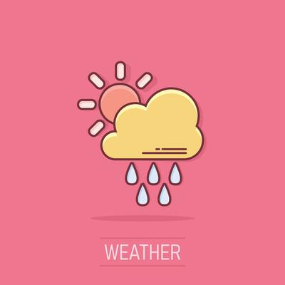 Vector cartoon weather forecast icon in comic style. Sun with clouds concept illustration pictogram. Cloud with rain business splash effect concept.