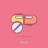 Vector cartoon capsule pills tablet icon in comic style. Medical pills concept illustration pictogram. Capsule and drug business splash effect concept.