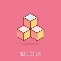 icono de la tecnología blockchain de dibujos animados vectoriales en estilo cómico. Pictograma de ilustración de concepto de bloque de cubo de criptografía. concepto de efecto de salpicadura de negocio de algoritmo blockchain. vector