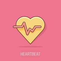 Vector cartoon heartbeat line with heart icon in comic style. Heartbeat concept illustration pictogram. Heart rhythm business splash effect concept.