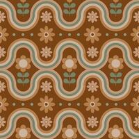 Groovy seamless pattern with geometric shapes and flowers. vector