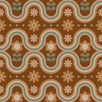 Groovy seamless pattern with geometric shapes and flowers. vector