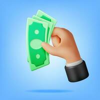 3D Hand Full of Dollar Banknotes Isolated. Render Money in Hand. Paper Cash Money. Growth, Income, Savings, Investment. Symbol of Wealth. Business Success. Vector illustration.
