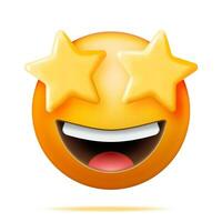 3D Yellow Excited Starry Eyed Emoticon Isolated. Render Laughing Star Shaped Eyes Emoji. Happy Face LOL. Communication, Web, Social Network Media, App Button. Realistic Vector Illustration