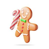 3D Holiday Gingerbread Man with Candycane Cookie. Render Cookie in Shape of Man with Icing. Happy New Year Decoration. Merry Christmas Holiday. New Year Xmas Celebration. Realistic Vector illustration
