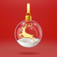 3D Christmas Glass Ball Bauble with Snow Deer Isolated. Render Sphere Glass Toy with Reindeer. New Year Decoration. Merry Christmas Holiday. Xmas Celebration. Realistic Vector Illustration