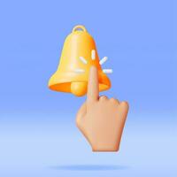 3D Finger Click the Bell Subscribe Icon Isolated. Render Subscription Symbol with Handbell and Hand. Subscribe to Channel Vlog or Blog. Social Media and Marketing Concept. Vector Illustration