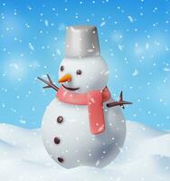 3D Winter Christmas Background. Snowman and Snow. Render Winter Landscape with Snowing. Happy New Year Celebration. New Year Xmas Holiday. Realistic Vector Illustration