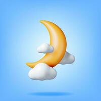 3D Gold Crescent Moon in Clouds. Render Yellow Moon Balloon and Cloud Party Event Decoration. Wedding, Birthday Celebration. Islamic Ramadan, Muslim Anniversary. Cartoon Vector Illustration