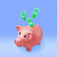 3D Piggy Bank with Dollars Isolated. Render Plastic Piggy Bank for Money. Moneybox in Form of Pig. Concept of Cash Money, Business Deposit Investment, Financial Savings. Vector Illustration