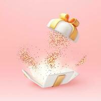 3D Gift Box With Falling Confetti. Render Present Box Surprise. Christmas. New Year Sale, Shopping. Present Box with Bows Ribbons. Giftbox for Valentine, Birthday and Holiday. Vector Illustration