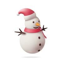 3D White Snowman in Hat and Scarf Isolated. Render Snow Man Character. Happy New Year Decoration. Merry Christmas Holiday. New Year and Xmas Celebration. Realistic Vector Illustration