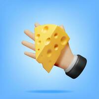 3D Triangular Piece of Cheese in Hand Isolated. Render Cheese Icon. Milk Dairy Product. Realistic Organic Healthy Food Symbol. Vector Illustration