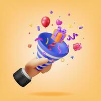 3D Party Popper with Confetti in Hand Isolated. Render Plasticine Confetti Collection. Colorful Firecracker Elements in Various Shapes. Party, Holyday Surprise or Birthday Events. Vector Illustration