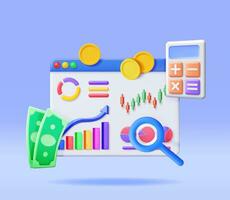 3D Financial Reports with Magnifying Glass and Calculator. Render Stock Pie Shows Growth. Financial Data Analysis, Business Research, Financial Market Trade. Money and Banking. Vector Illustration