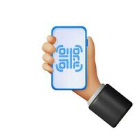 3d QR Code Icon on Smartphone in Hand. Render Modern QR Code Symbol. Online Shopping. Advertisement, Marketing and Promotion. Scan Code Verification Payment or identification. Vector Illustration