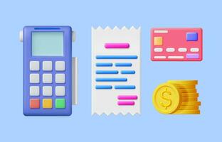 3D Payment Icons Set. Render Terminal with Card, Coins and Receipt. Modern POS Bank Payment Device. Payment NFC Keypad Machine. Golden Dollar Coins. Credit Debit Card Reader. Vector illustration