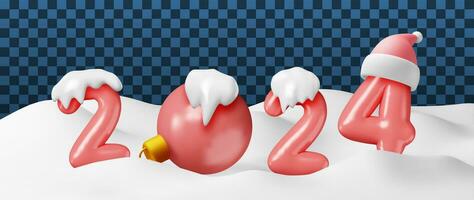 3d Red Balloon 2024 New Year Symbol in Snow Isolated. Render Red 2024 Number Holiday Party Decoration. Metallic Ballon Shiny Font. New Year and Xmas Celebration. Realistic Vector Illustration