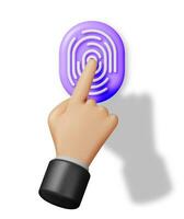 3D Fingerprint Icon and Hand Isolated. Render Finger Print Symbol. Identification and Authorization System. Fingerprint for ID, Passport, Applications. Finger Print Biometric Scan. Vector Illustration