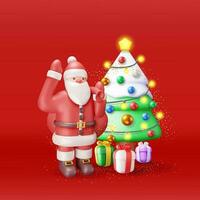 3d Papa Noel claus con regalo bolso y Navidad árbol. hacer contento nuevo año decoración. alegre Navidad día festivo. nuevo año y Navidad celebracion. realista vector ilustración
