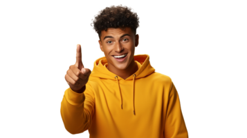 AI generated handsome youth man showing finger up, wearing yellow hoodie, transparency background png