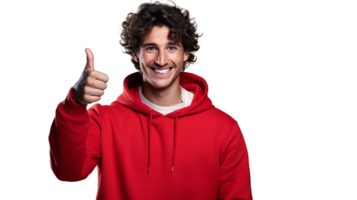 AI generated handsome man showing thumbs up, wearing red hoodie, shows like hand, transparency background png