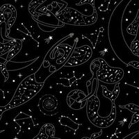 Magical seamless pattern with mermaids, stars, zodiac signs, planets, moon, meteorites. vector