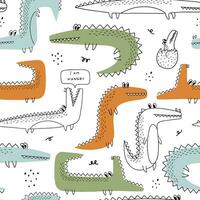 Funny cartoon doodle crocodile. Vector seamless pattern