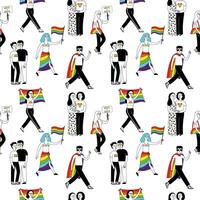 Seamless pattern with a group of people participating in a Pride Parade. vector