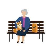 An elderly woman sits on a bench with a corgi dog. vector